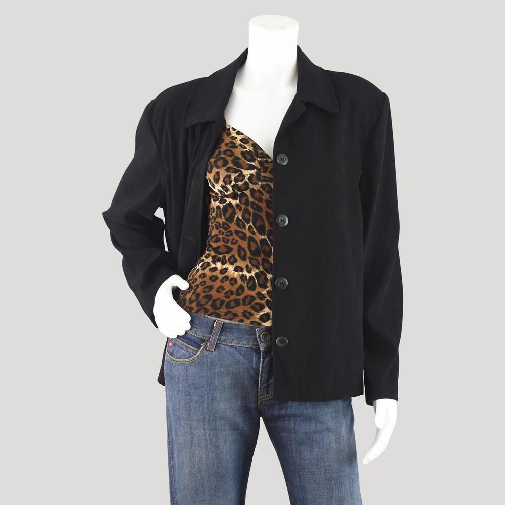 90s Black Jacket, Vintage Briggs Faux Ultra Suede Shirt, Women's Large